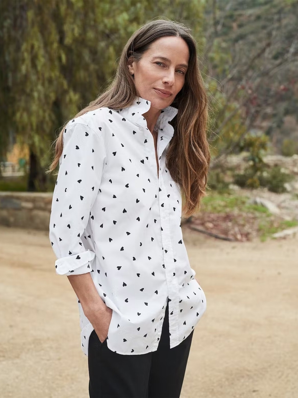 Frank & Eileen White Button-Down Shirt with Black Heart Print
